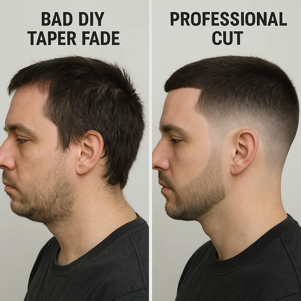 Side-by-side image of messy self-cut fade vs clean barber-done fade