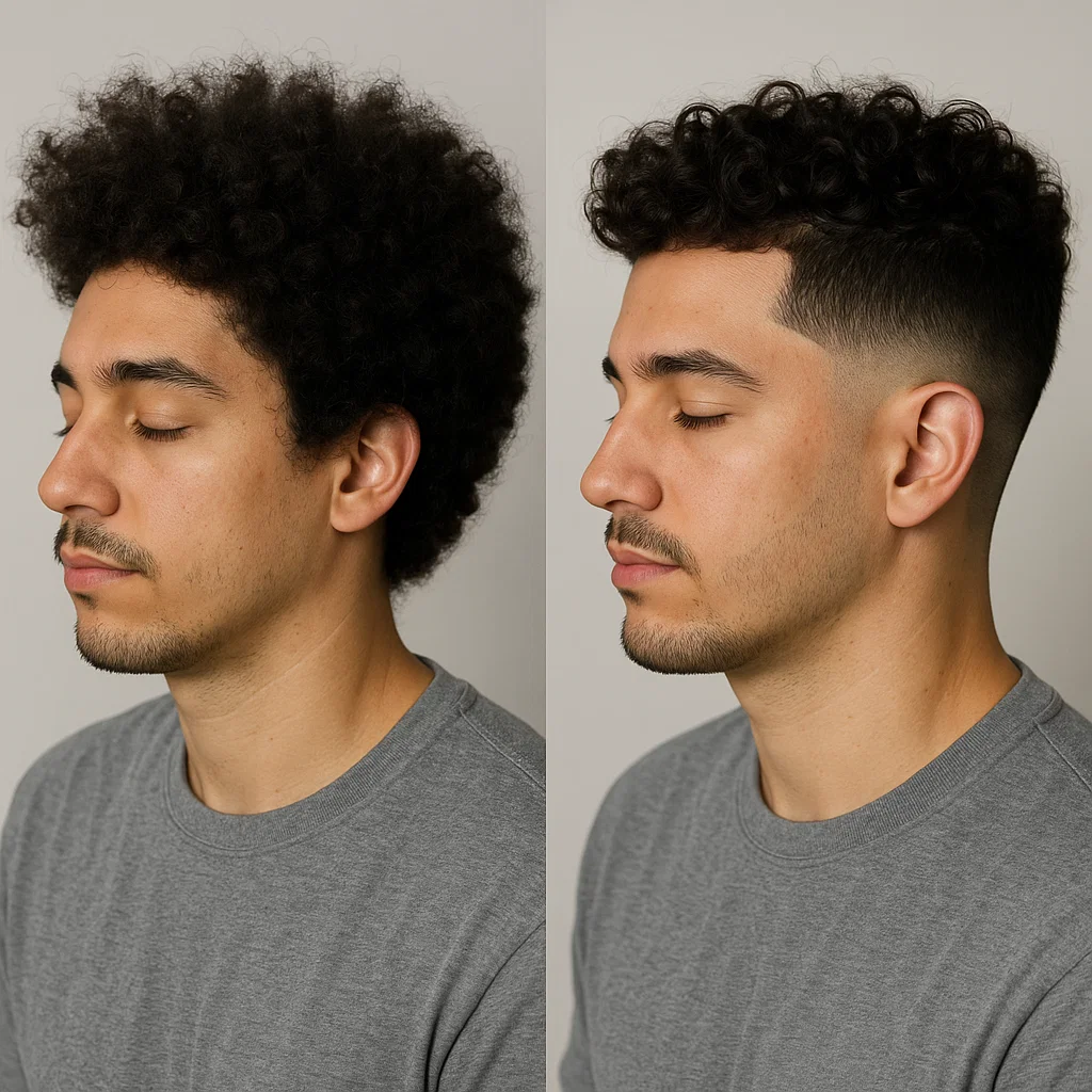 Before and after haircut showing transformation with curly blowout and fade