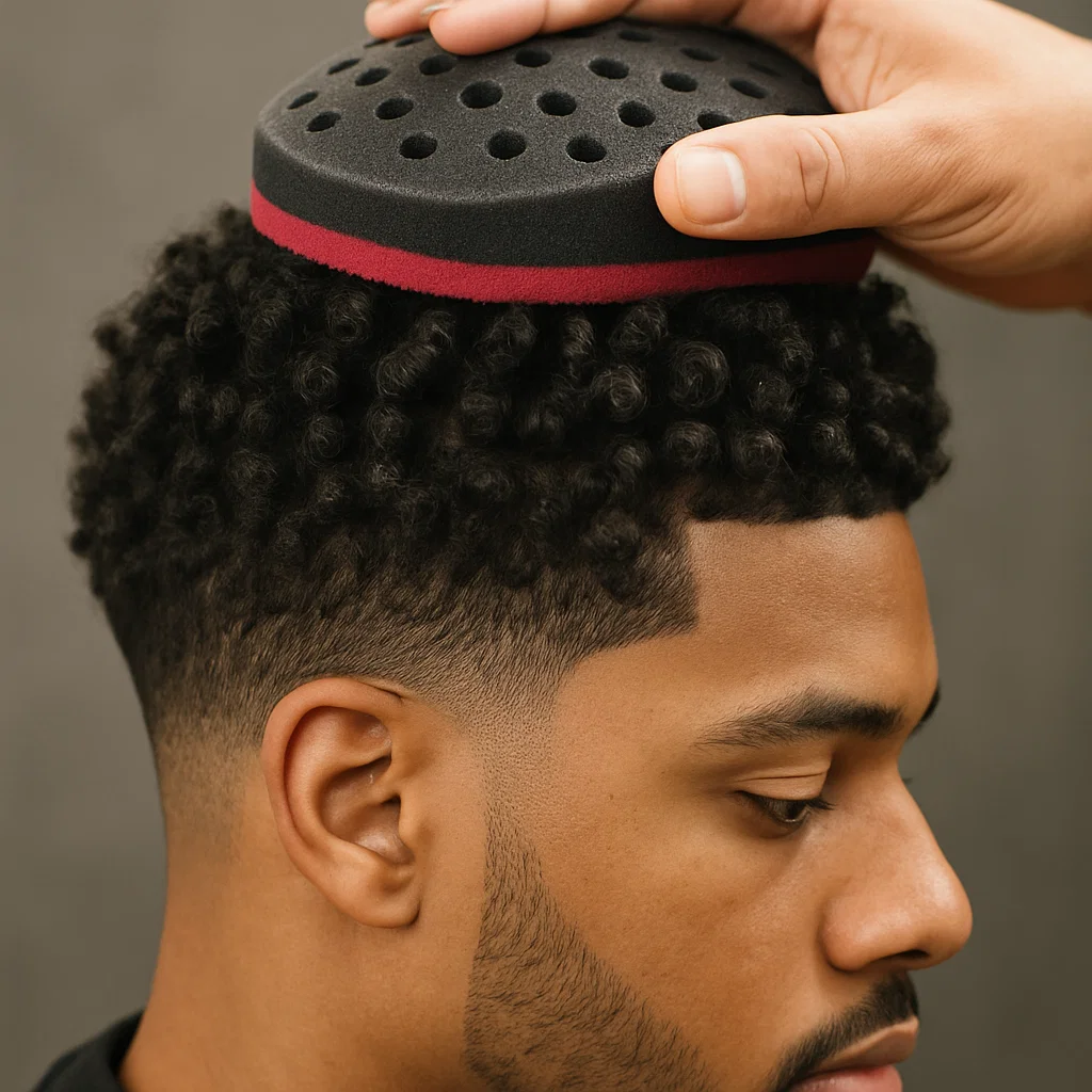 Person using curl sponge on blowout taper fade haircut