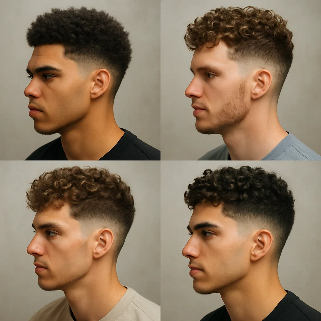  Collage of people with different curl types all rocking the same fade