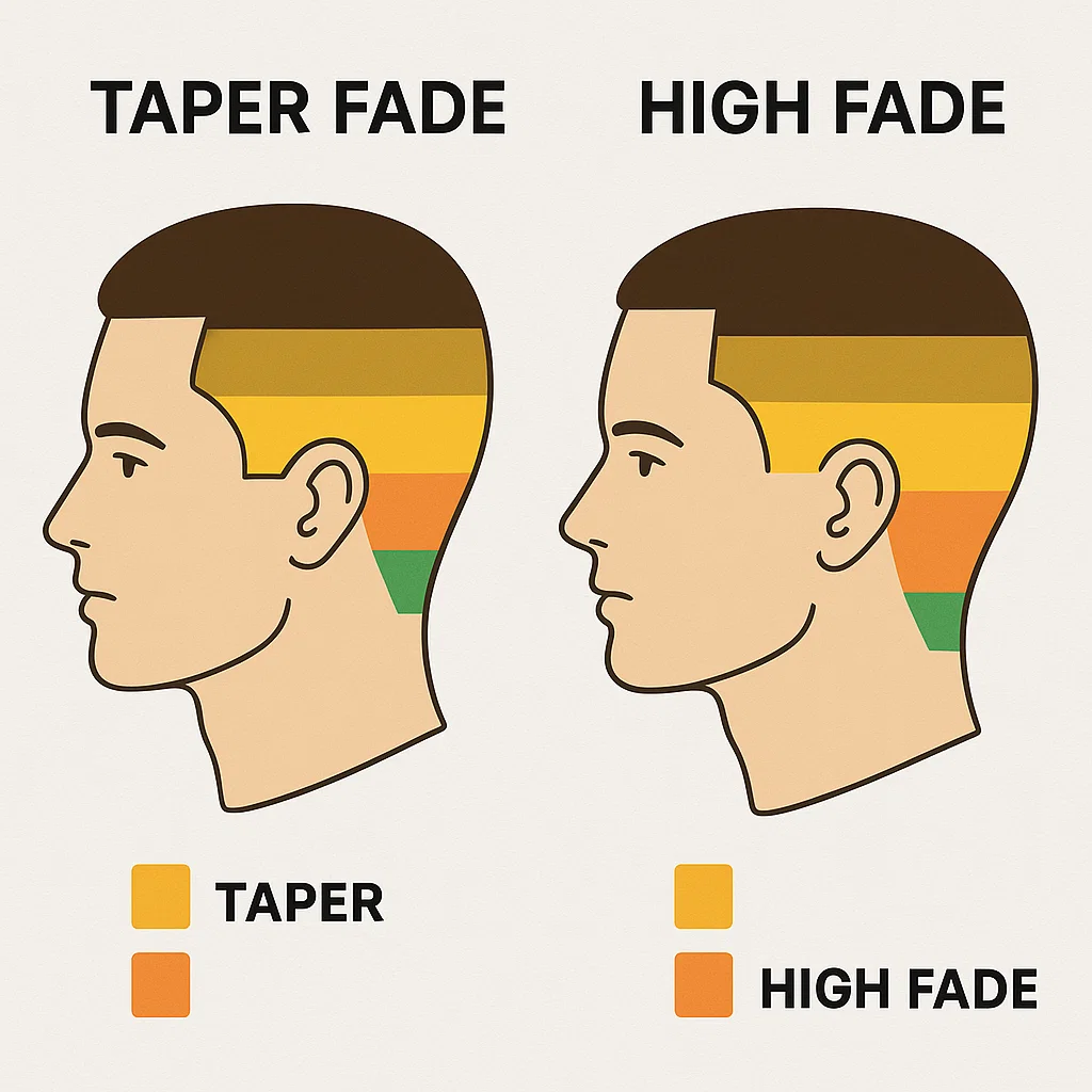 Diagram showing difference between low taper fade and high fade placement on head