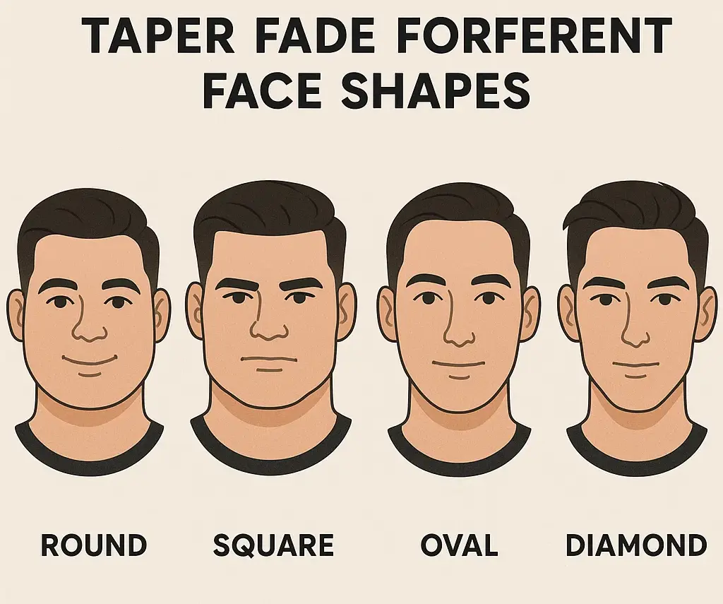 Illustration showing taper fade on round, oval, and square face shapes