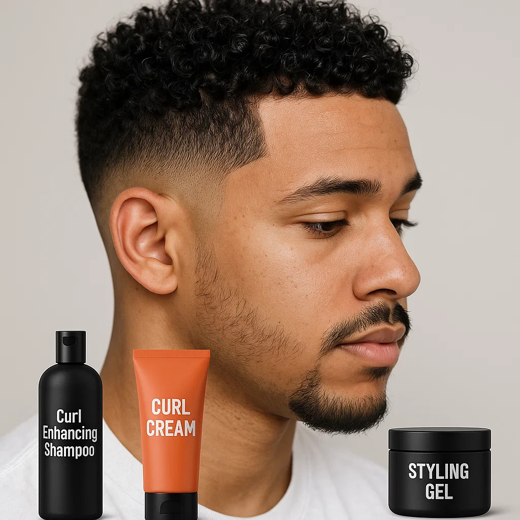 Hair products like curl cream, diffuser, and pick comb next to a mirror
