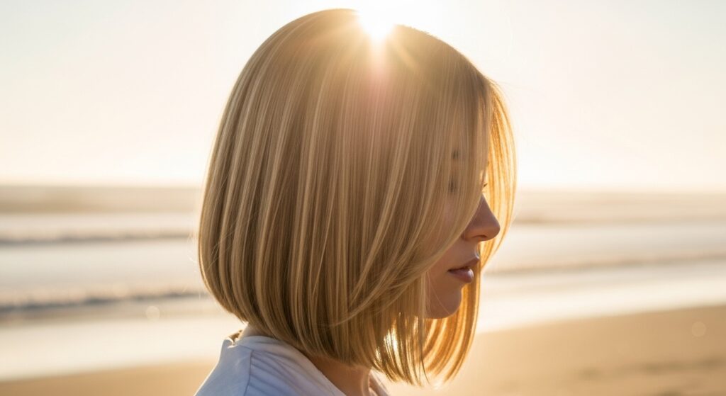 Woman with short honey blonde bob haircut.
