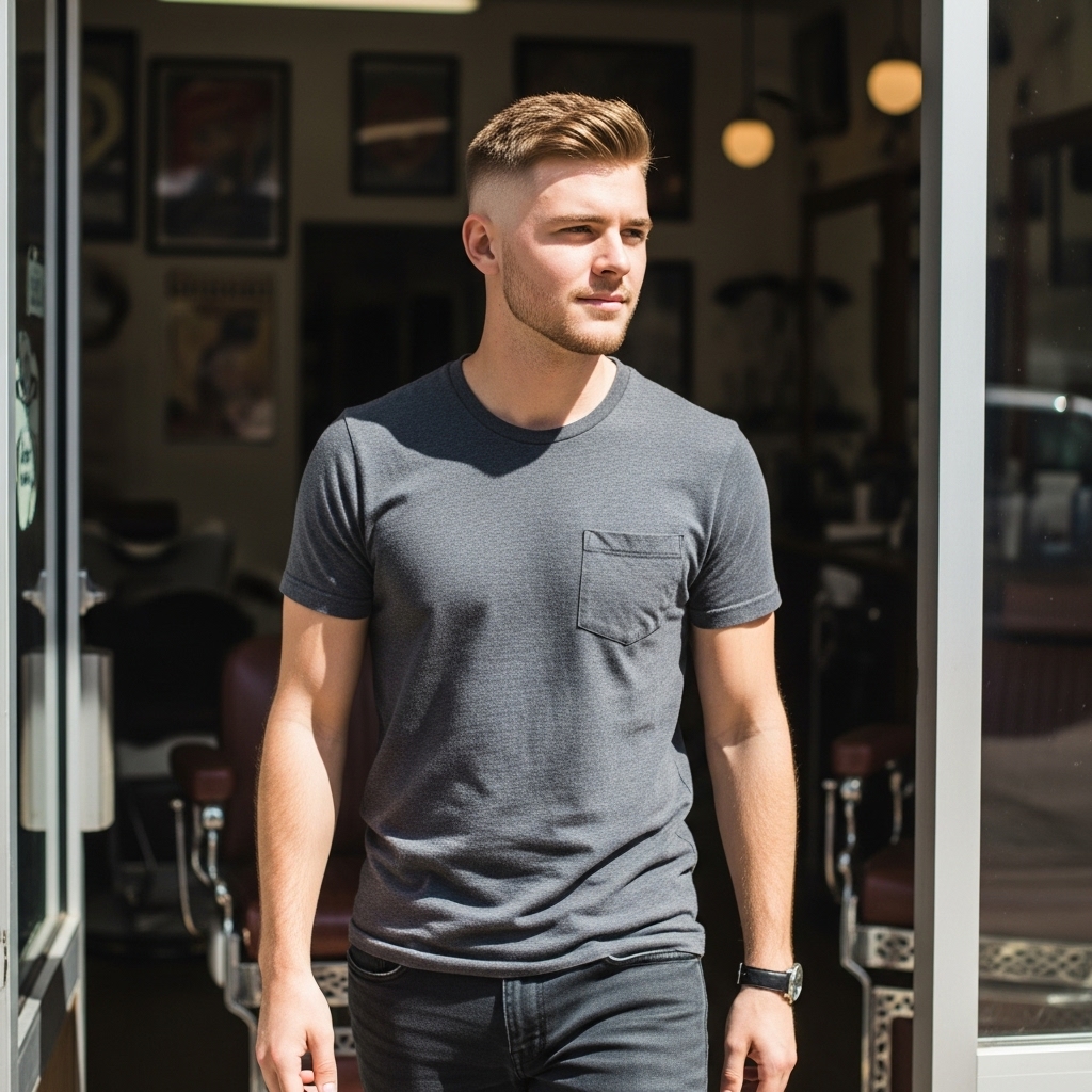 Man leaving barbershop with fresh crew cut haircut