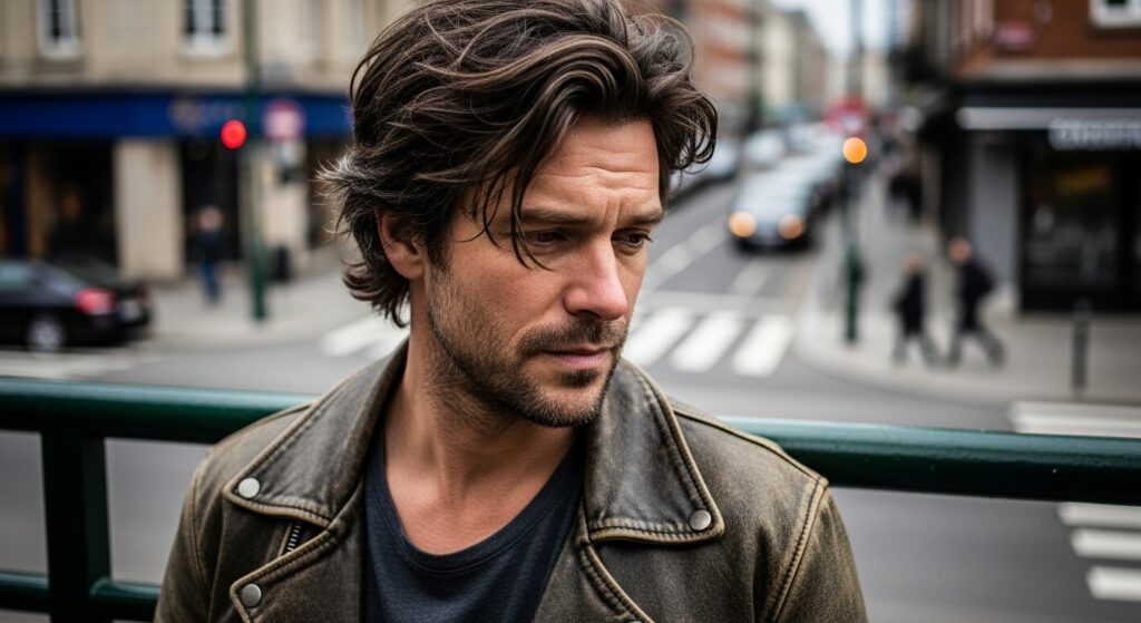 Medium shag hairstyle on man with diamond face shape