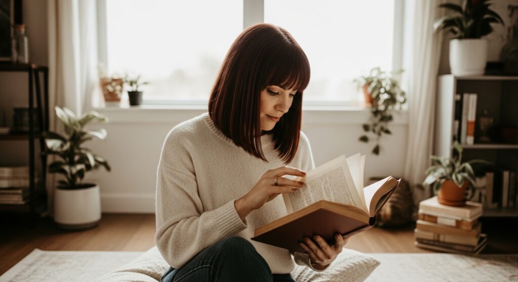 Short hair woman with bangs checking out the best pages for reading

