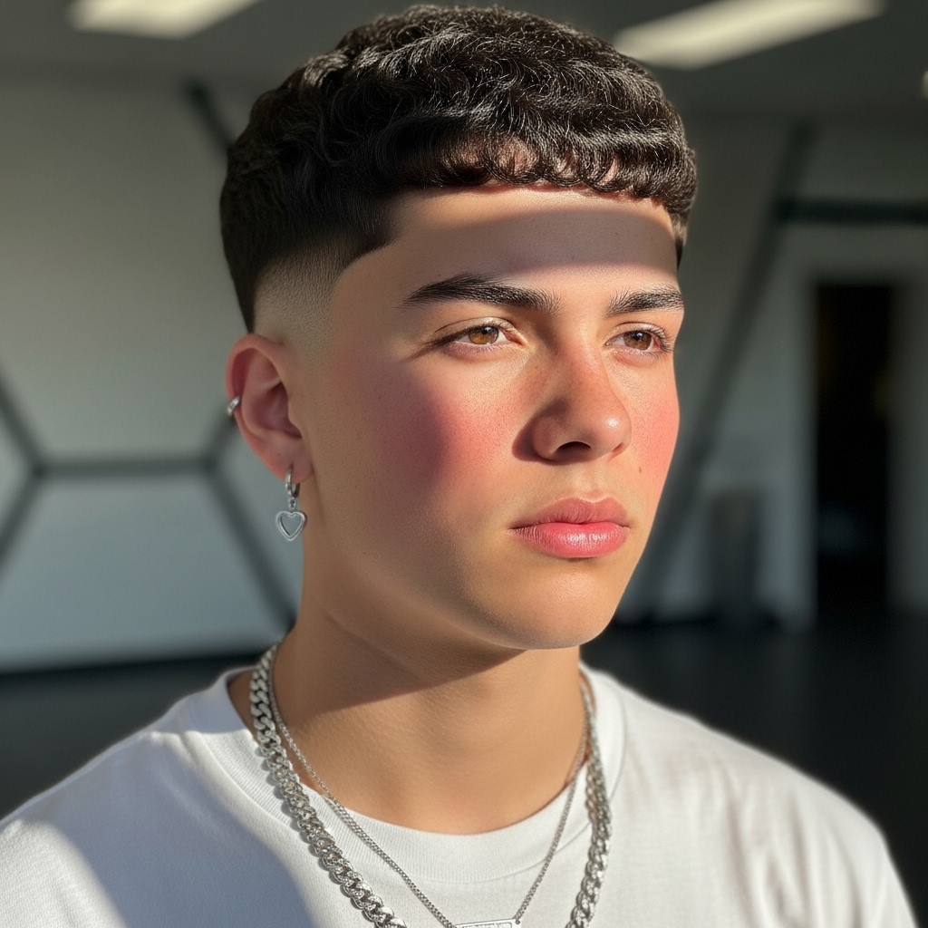  Broccoli haircut boy has a smooth mid fade and rounded curls.