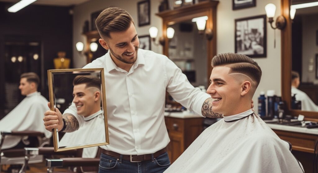 Barber revealing haircut that complements hairline and face shape