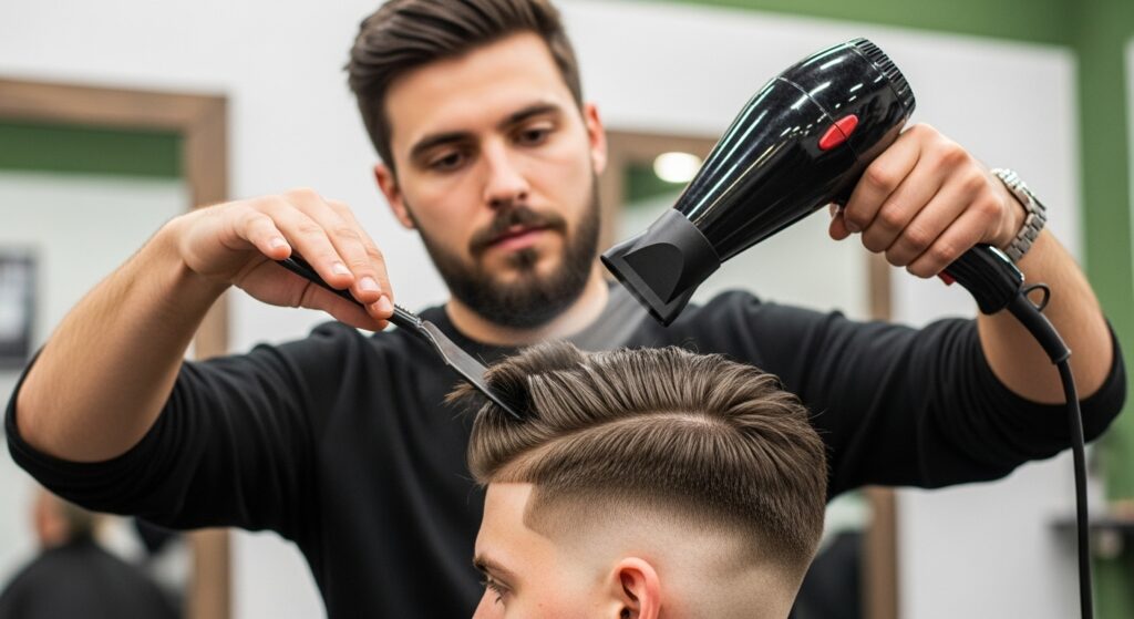  Barber completing short textured and styled hairdo with a blow dryer