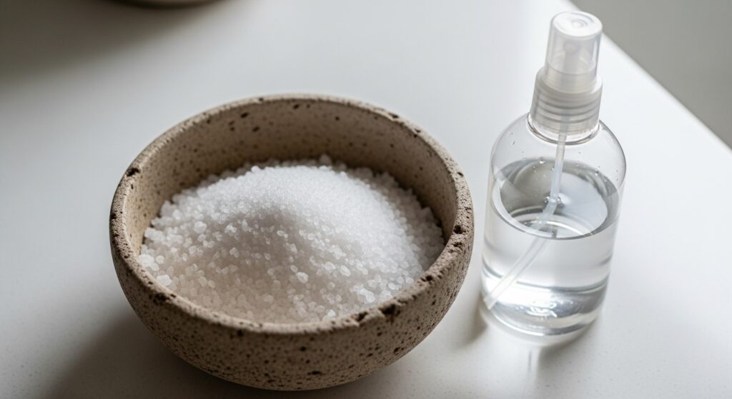 The image is a salt bottle of sea spray created by hand with oil and water.