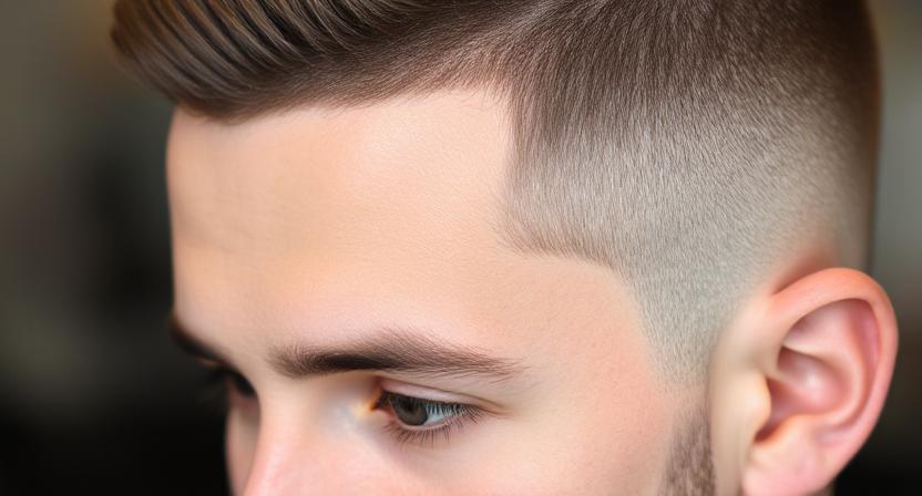 Low taper fade with straight hair cleanly trimmed around the ear.