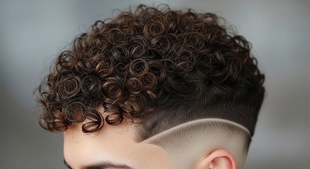Curly short haircut with skin fade on man