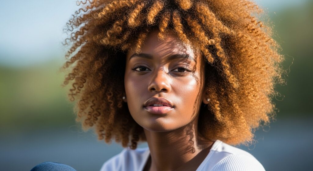  A deep skin color with rich caramel honey blonde curls.