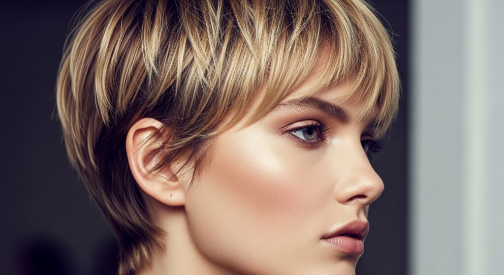 Honey blonde short pixie haircut with dimension.