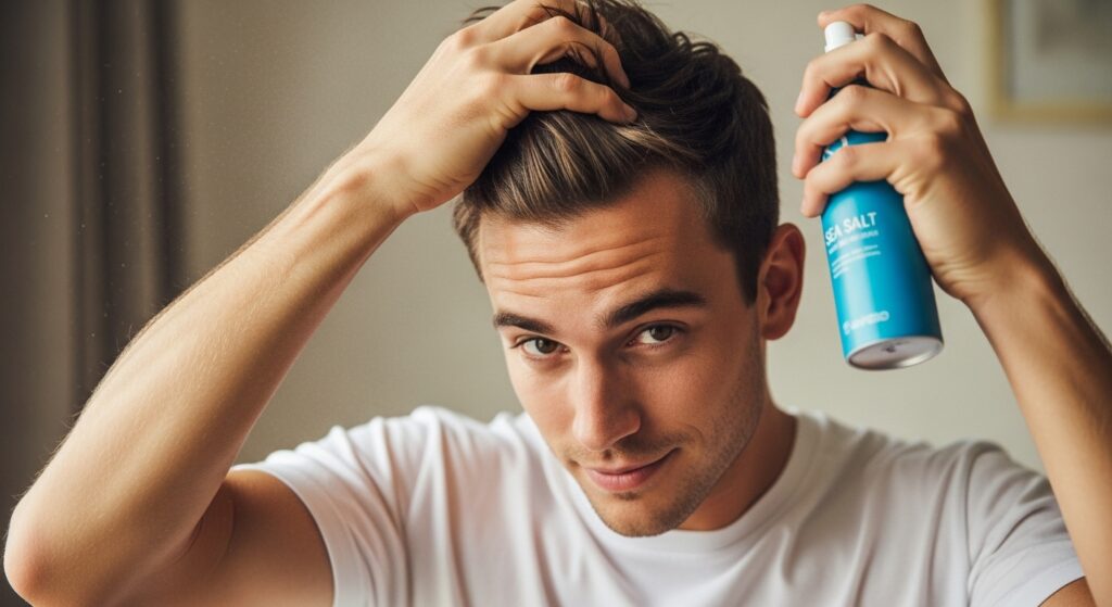 Man styling hair with salt sea spray in bathroom