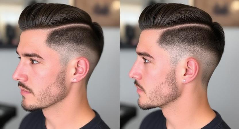 Side part hairstyle with low taper fade on straight hair.