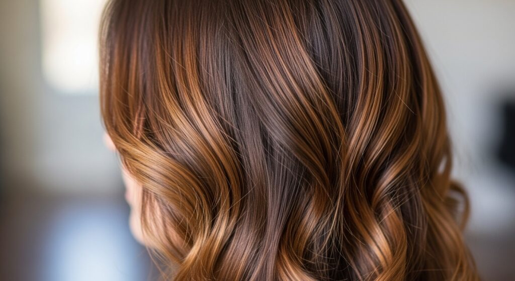 Woman in the hair salon sitting in the hair stylist's chair with honey blonde root touch-up being done to her hair.