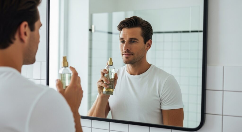 Man using OGX Moroccan sea salt spray for textured hair