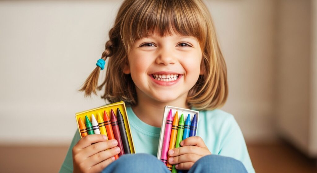  The girl with bangs playing with her vast shoulder-length hair and a colored pen.

