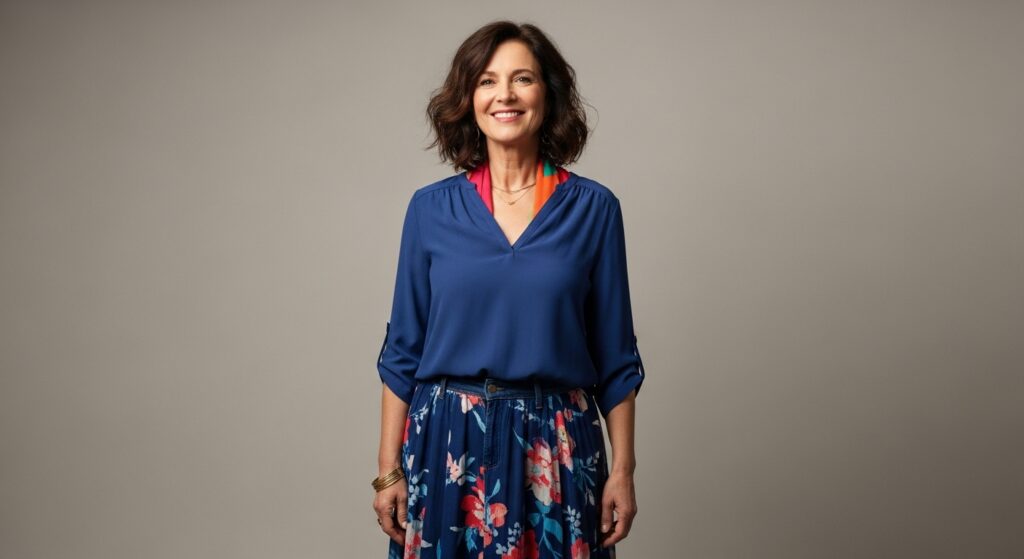  Content woman over 50 showing her shoulder-length hair to the world.

