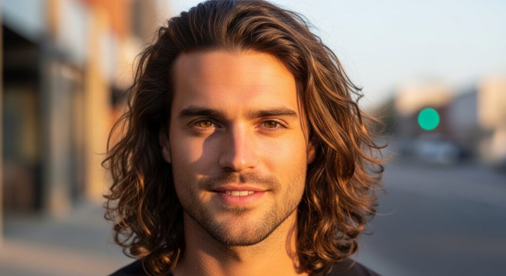 Long wavy hair for men with an oval face shape