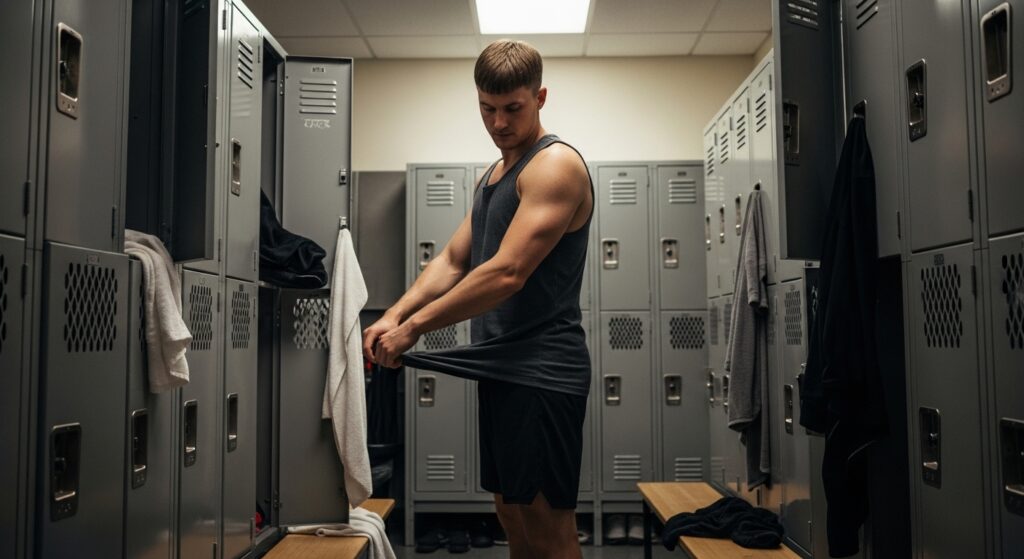A quick example of short, messy hair is shown on an exercise addict.

