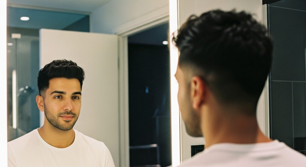 A guy's hands are running through the styled short haircut