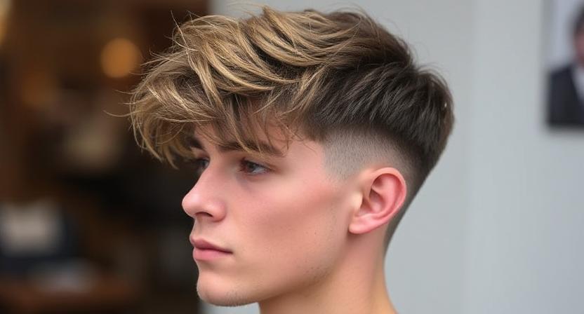 Textured fringe style paired with low taper haircut.