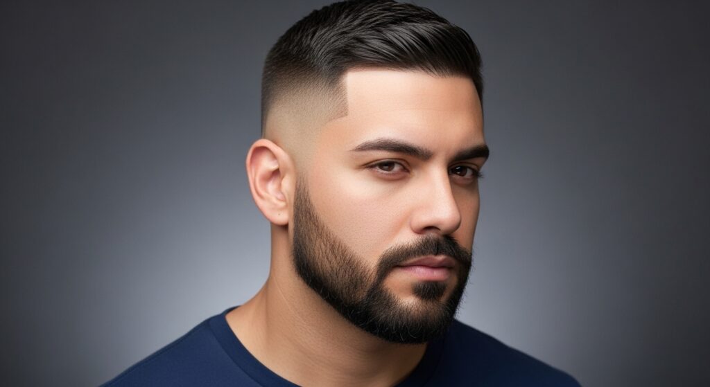 Very short haircut with skin fade and sharp beard