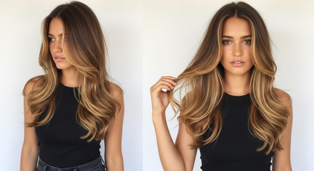Medium-skinned woman with golden honey blonde highlights.