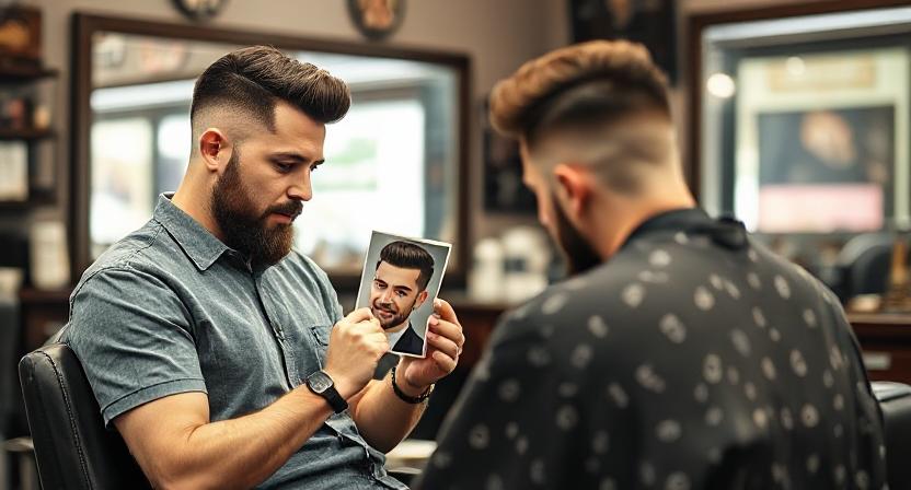  Man showing photo to barber in the chair to explain the kind of hair he wants.