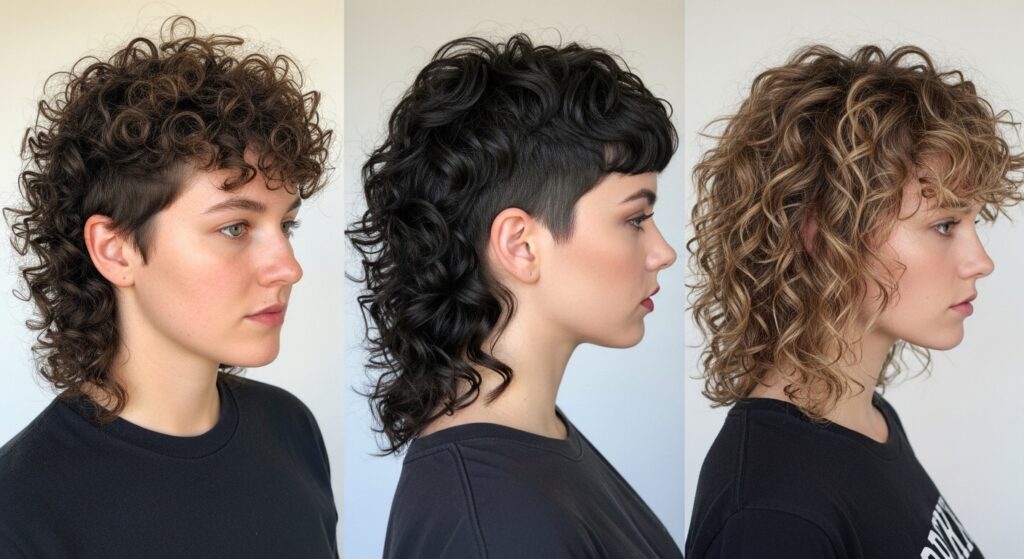 Comparison of soft, bold, and messy curly mullet hairstyles