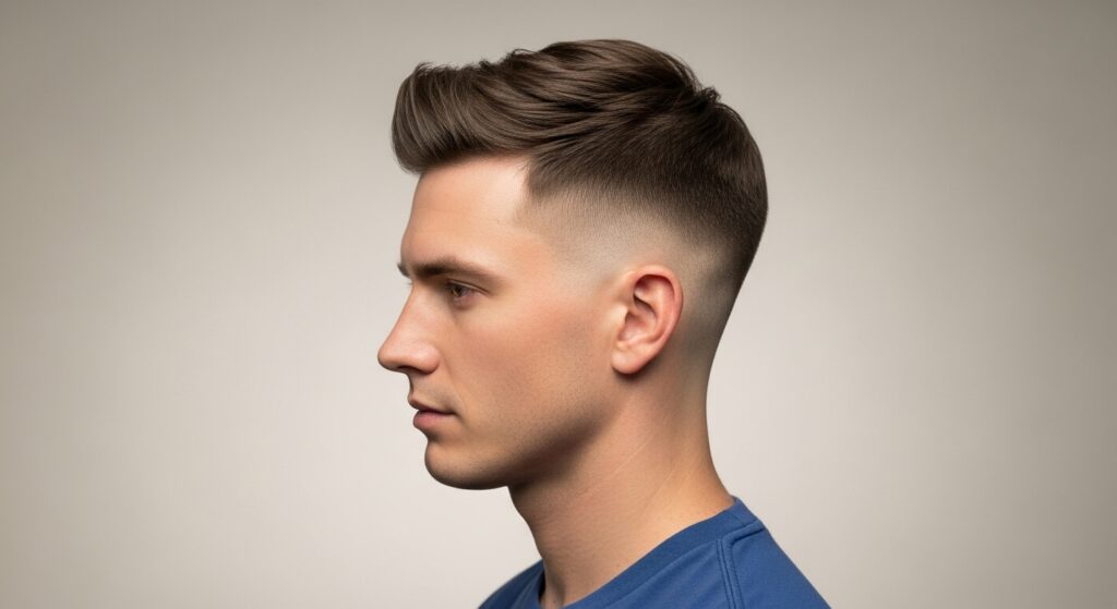 : Low fade haircut with medium short quiff on man