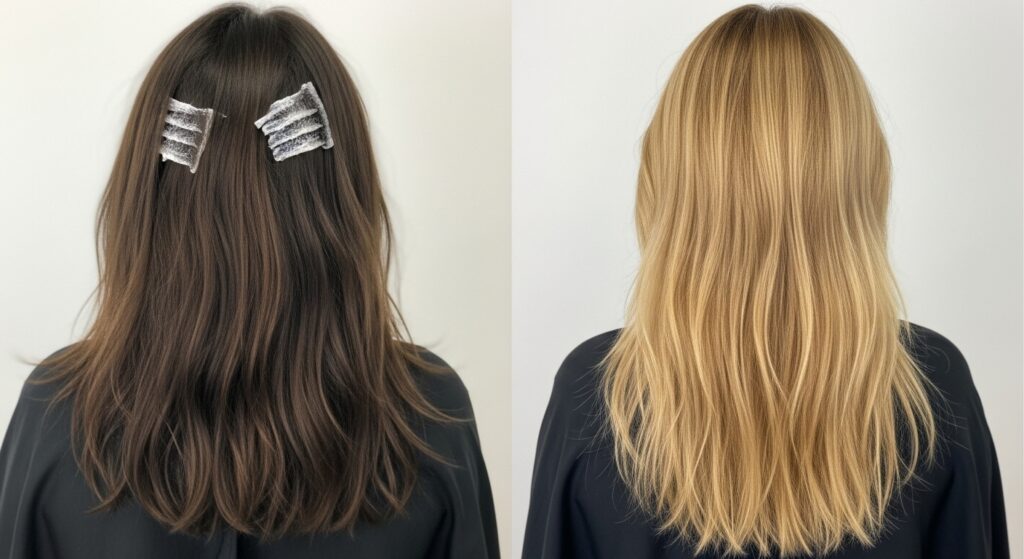  A before and after image showing the process of a brunette changing her hair color to honey blonde.