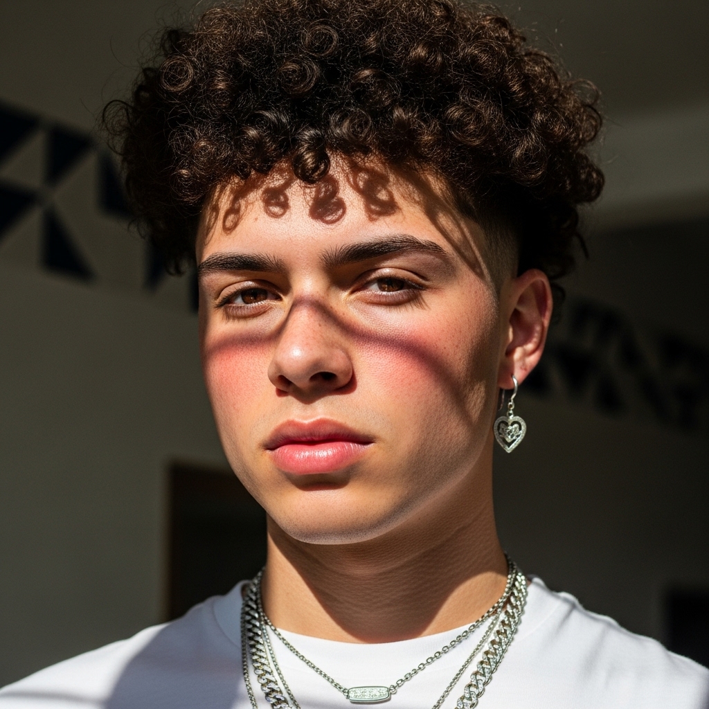 Close up of the head with afro-shaped tight curls at the top, taper fade at the bottom.

