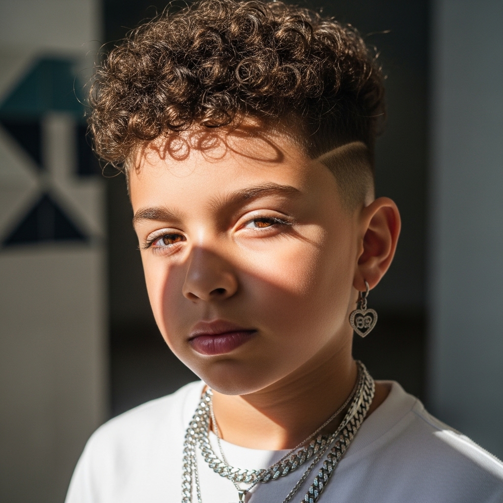 Cute little boy with a mini broccoli-like haircut and small fade.
