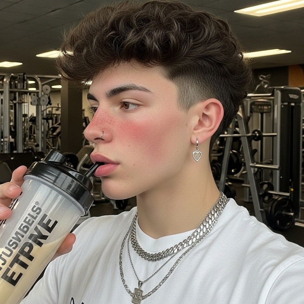 Gentleman in the gym with an overcooked broccoli haircut while holding protein shake.
