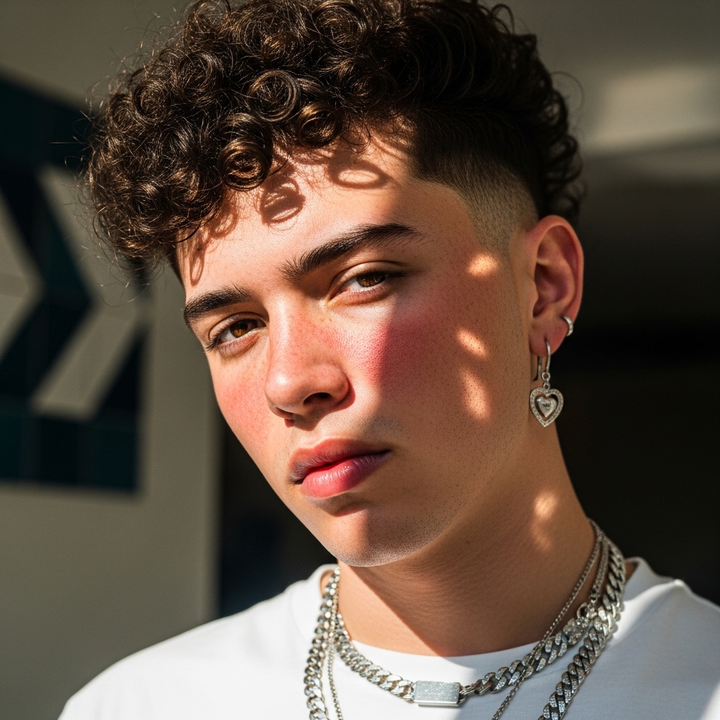 Teenager changed his straight hair to new trendy curly perm haircut.