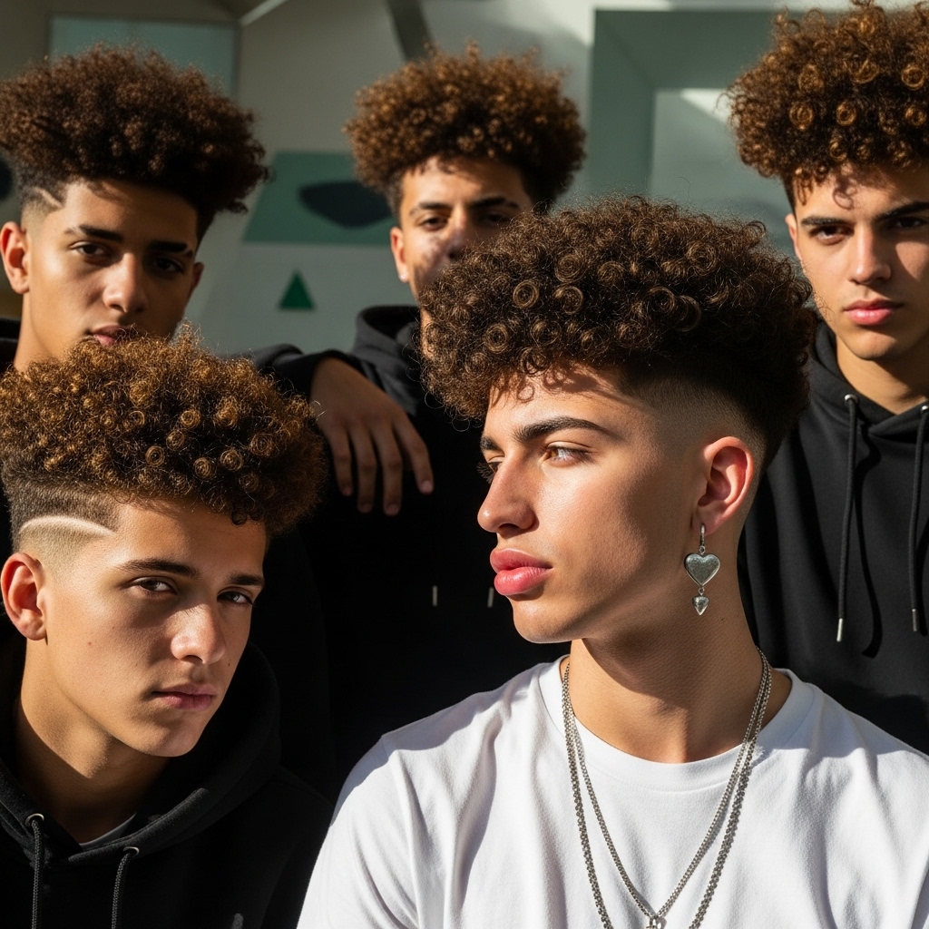 Broccoli haircut teens hanging out and showing off exaggerated curly tops.