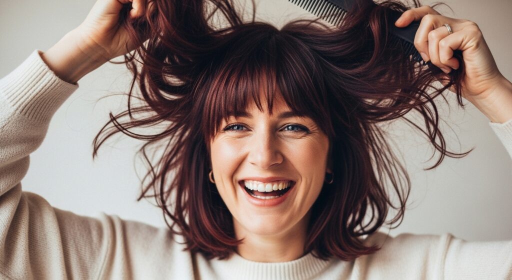 Woman with shoulder length layered haircut styling casually.

