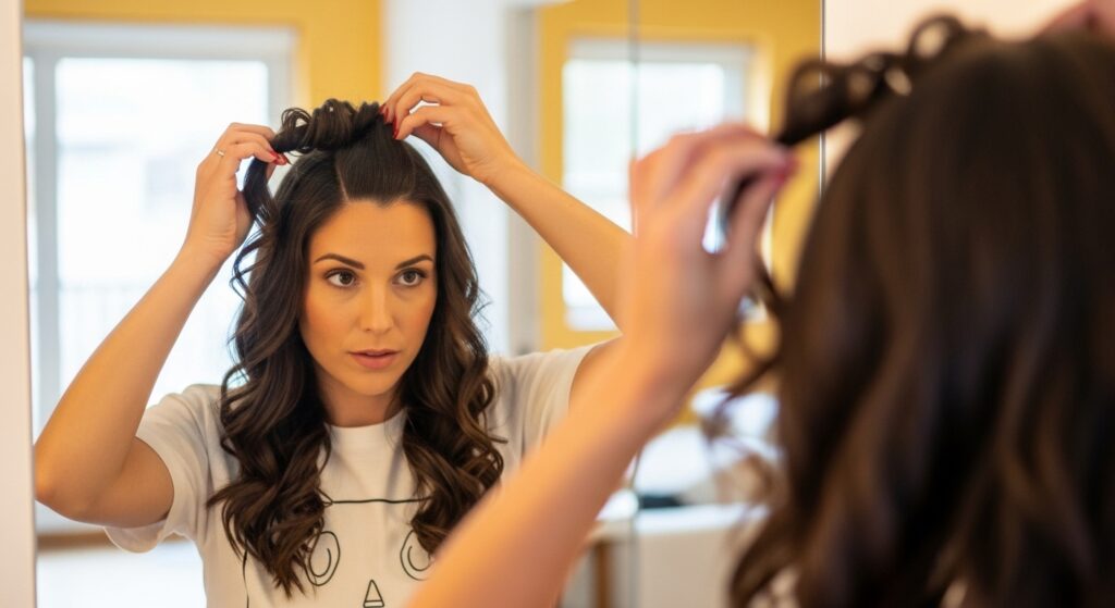 Finger coiling curls on top of a styled curly mullet