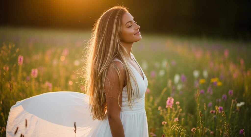Honey blonde summer hair catching light.