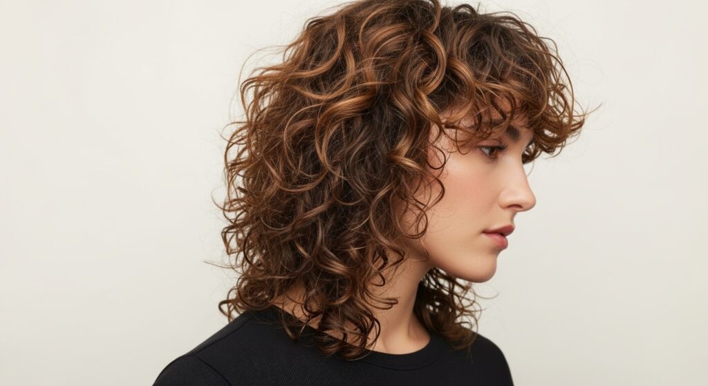  Mixed-texture curly hair styled into a soft mullet