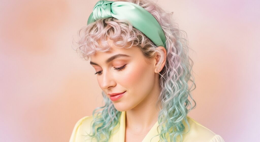 Pastel-dyed curly hair mullet with satin accessory