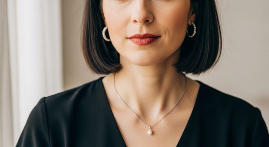 Woman with soft blunt shoulder length haircut in natural light.