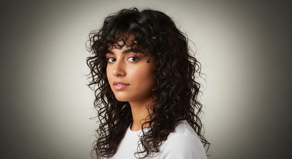 Woman with a soft curly hair mullet and natural makeup
