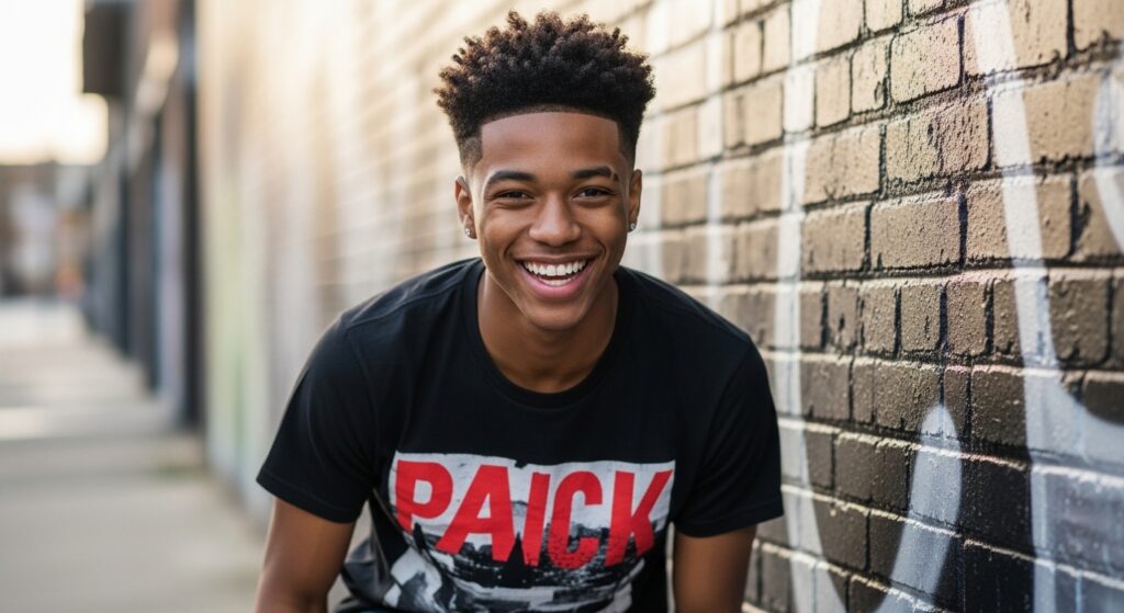 The taper fade on the man's hair makes the curly hair look lively and absolutely charming.