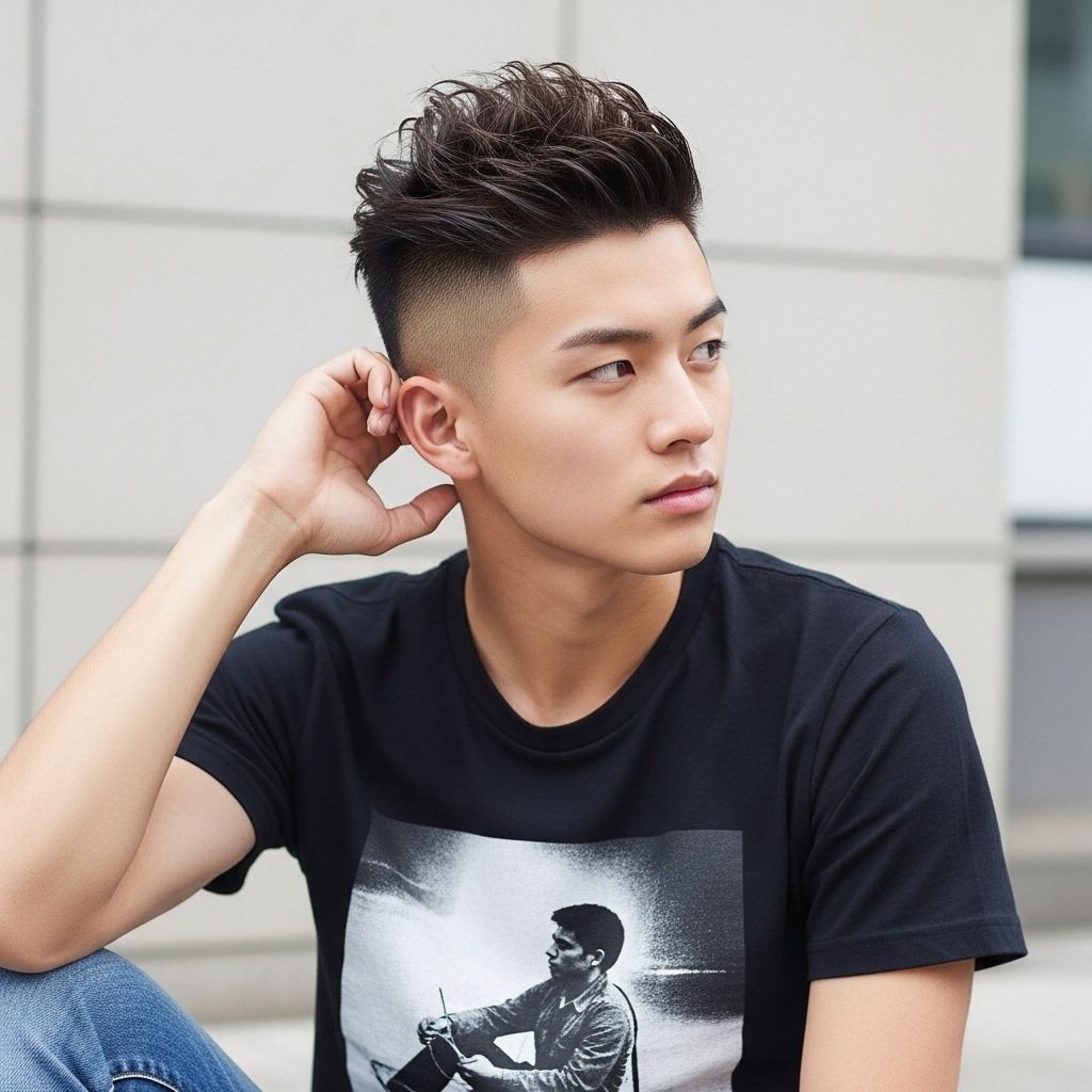 Asian crew cut with high fade and textured top