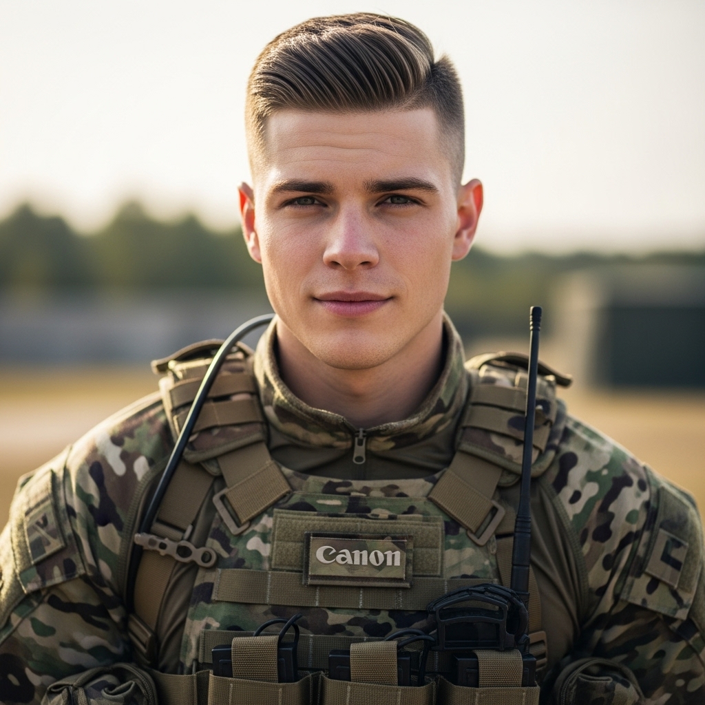 Military-inspired crew cut on a man in casual wear